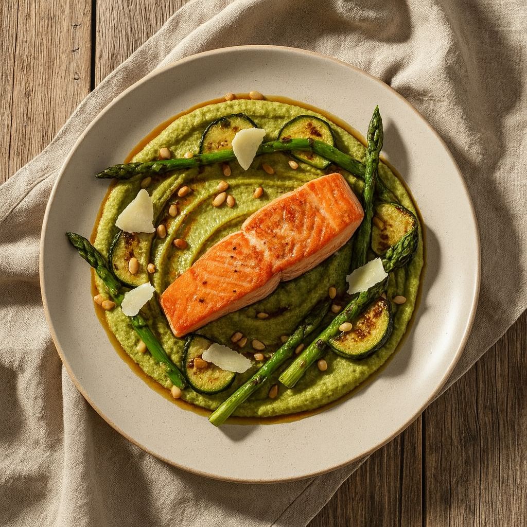 TATA VERDE - Bowl pesto avec saumon snacké, asperges et courgettes grillées